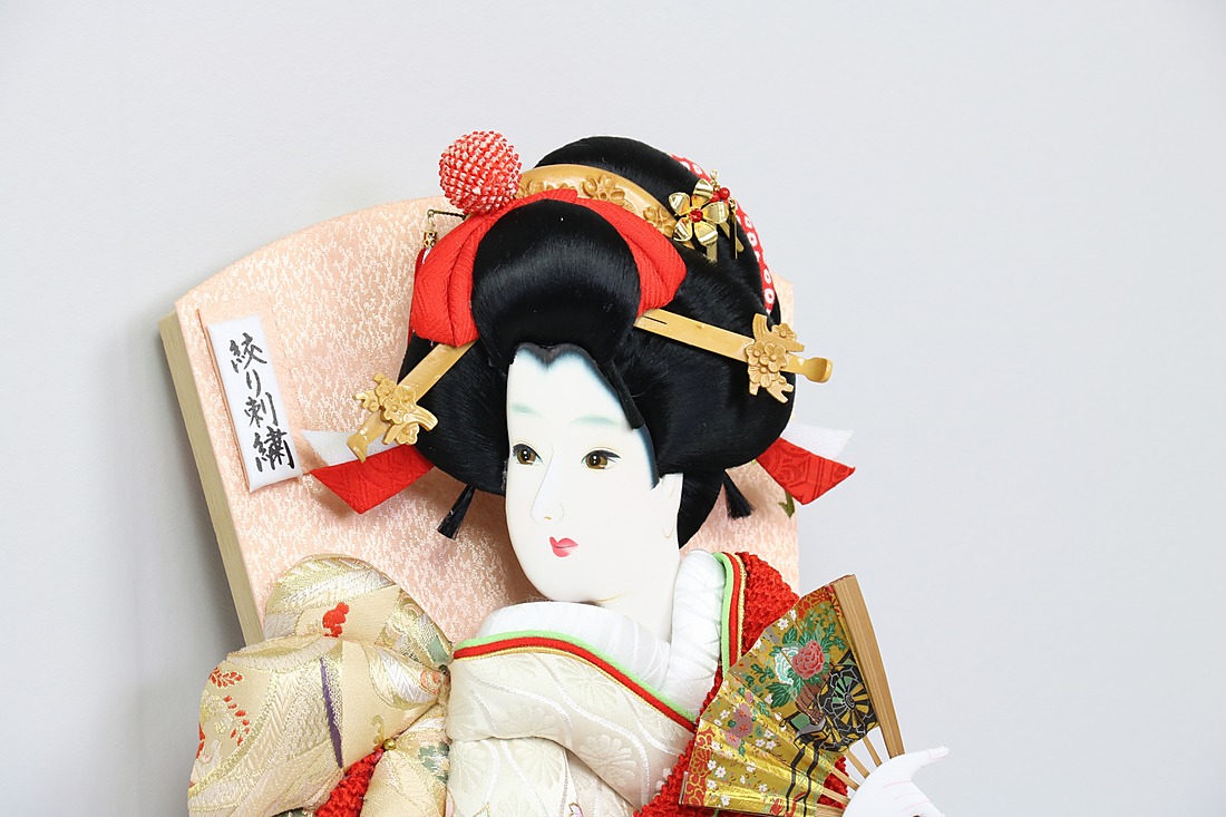 押絵羽子板のお顔と髪を近くから見たところ。髪飾りや衣裳の布の重なりまで作り込まれている